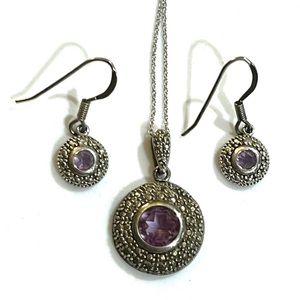 🔮Signed, Vintage Amethyst Marcaiste Sterling Silver Pendant & Earring Set